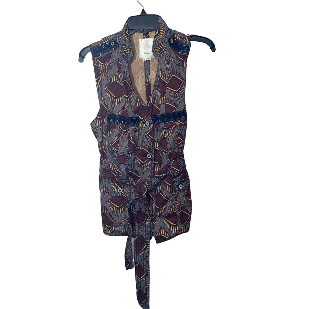 Anthropologie Elevenses Geo Safari Belted Vest Size Medium Cotton/Linen